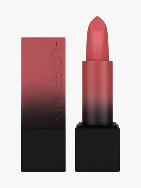 Huda Beauty Power Bullet Matte Lipstick in Honeymoon black to pink gradient tube of lipstick on light gray background