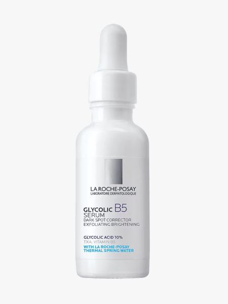 La Roche-Posay Glycolic B5 Serum in branded white bottle with pipette on light gray background